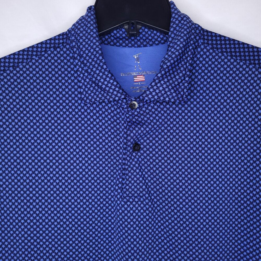 Fairway Greene Polo Shirt Mens Large Blue Star Print Short Sleeve Performance